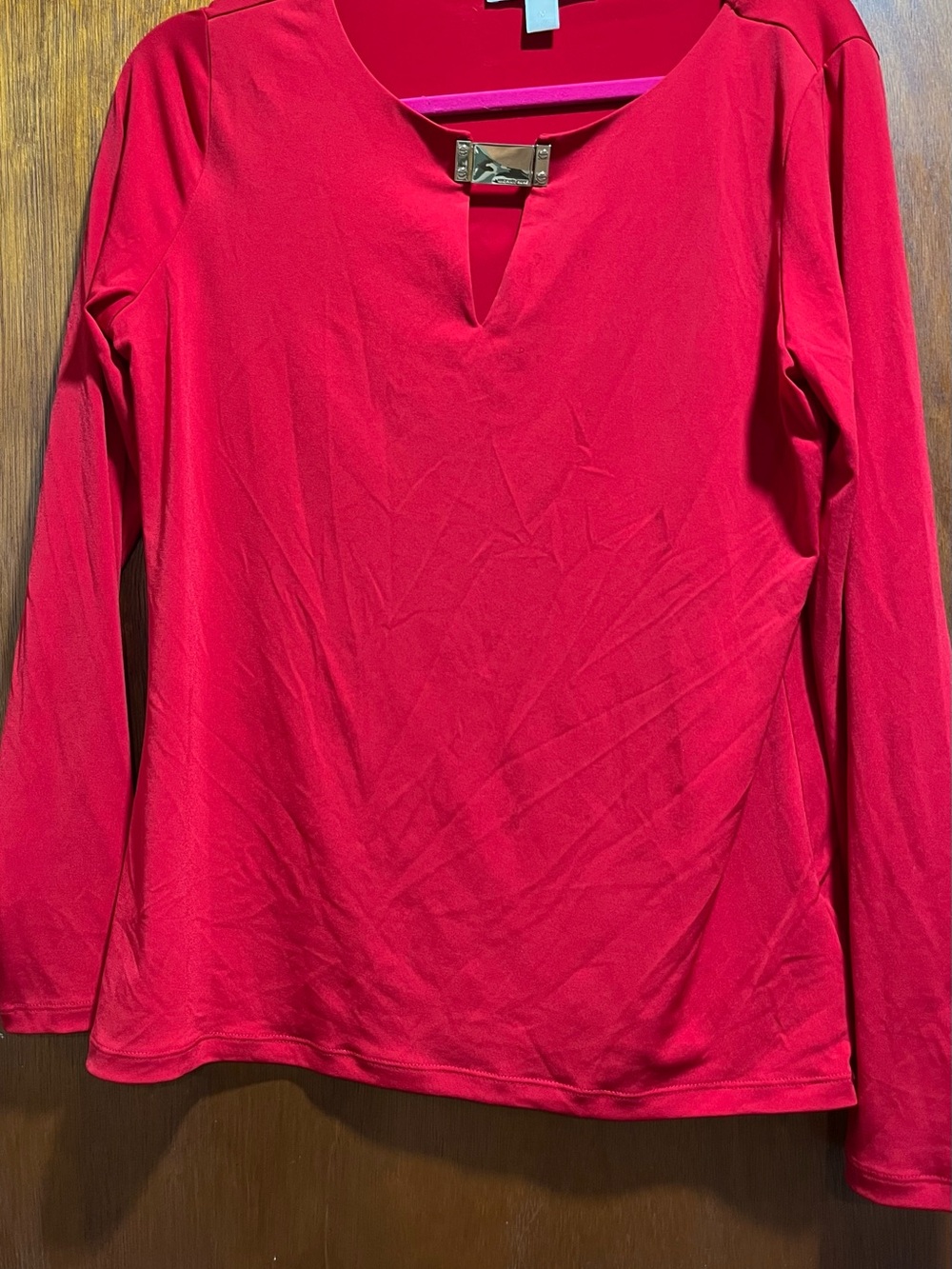 Michael Kors Women’s Long-Sleeve Keyhole Top in Red with Gold Accent